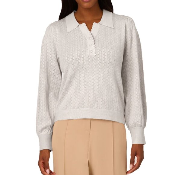 NEW Adrianna Papell Women Pointelle Knit Polo Sweater Scallop Trim Collar Ivory - Picture 1 of 3